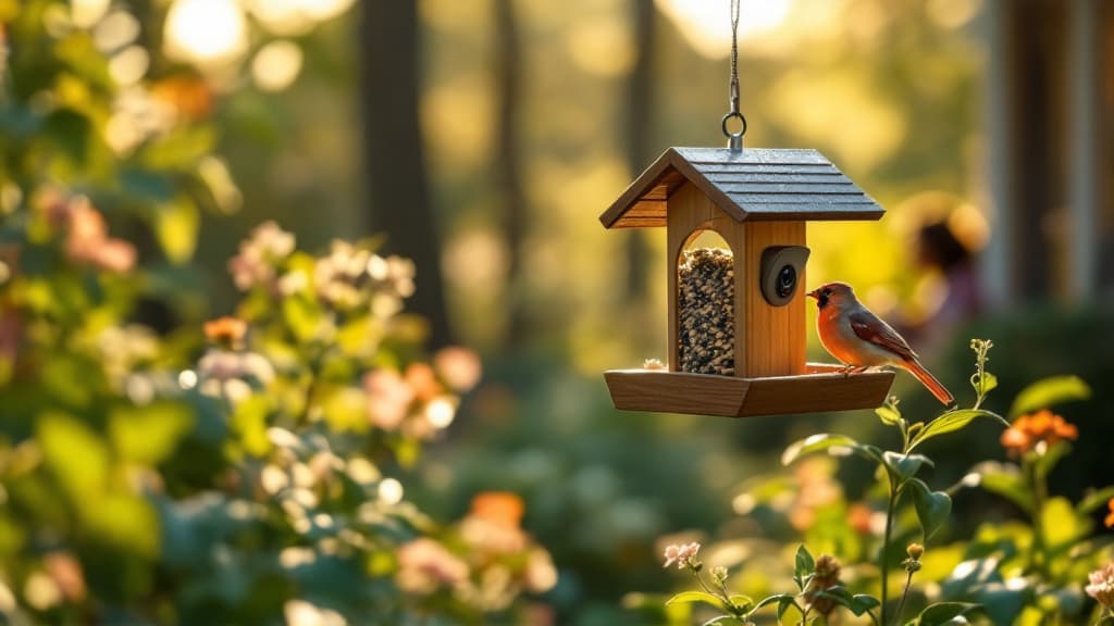 A bird visiting the Aviary Insight connected feeder